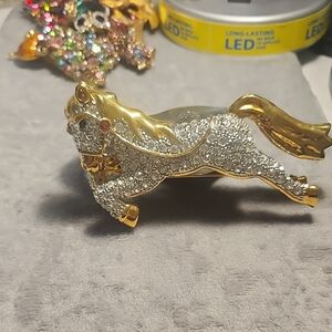 Gold and Silver Rhinestone Horse Brooch